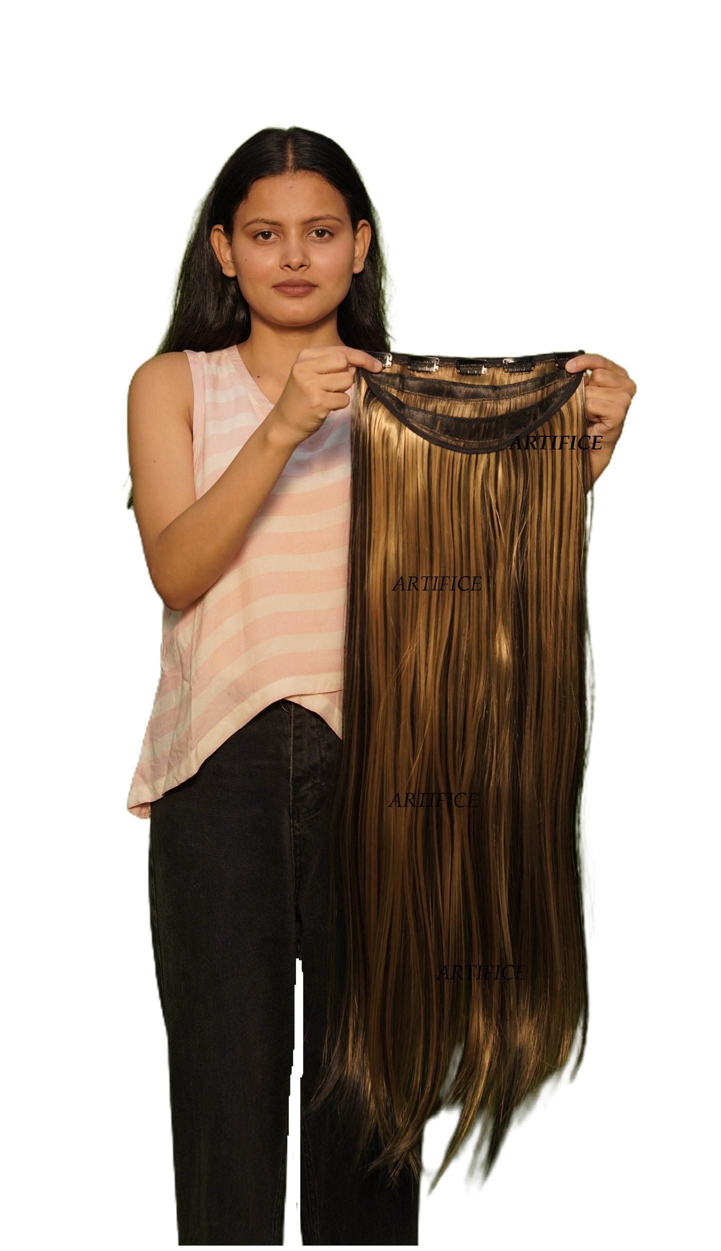 Artifice 5 Clip Super Long Straight Clip in Hair Extensions for Women Natural Soft Clip on Extensions Synthetic Thick Hairs for Any Event for Girls Hair Extension 42 inch Brown Mix Blonde Highlighted