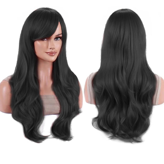 AirSky 24 Inches Long Curly Wavy Full Head Hair Wig Extension With Hair Wig Royal Black