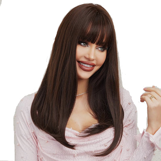 Artifice 18 inches Long Full Head Hair Wig with Beautiful Bangs and Breathable Net Dark Brown