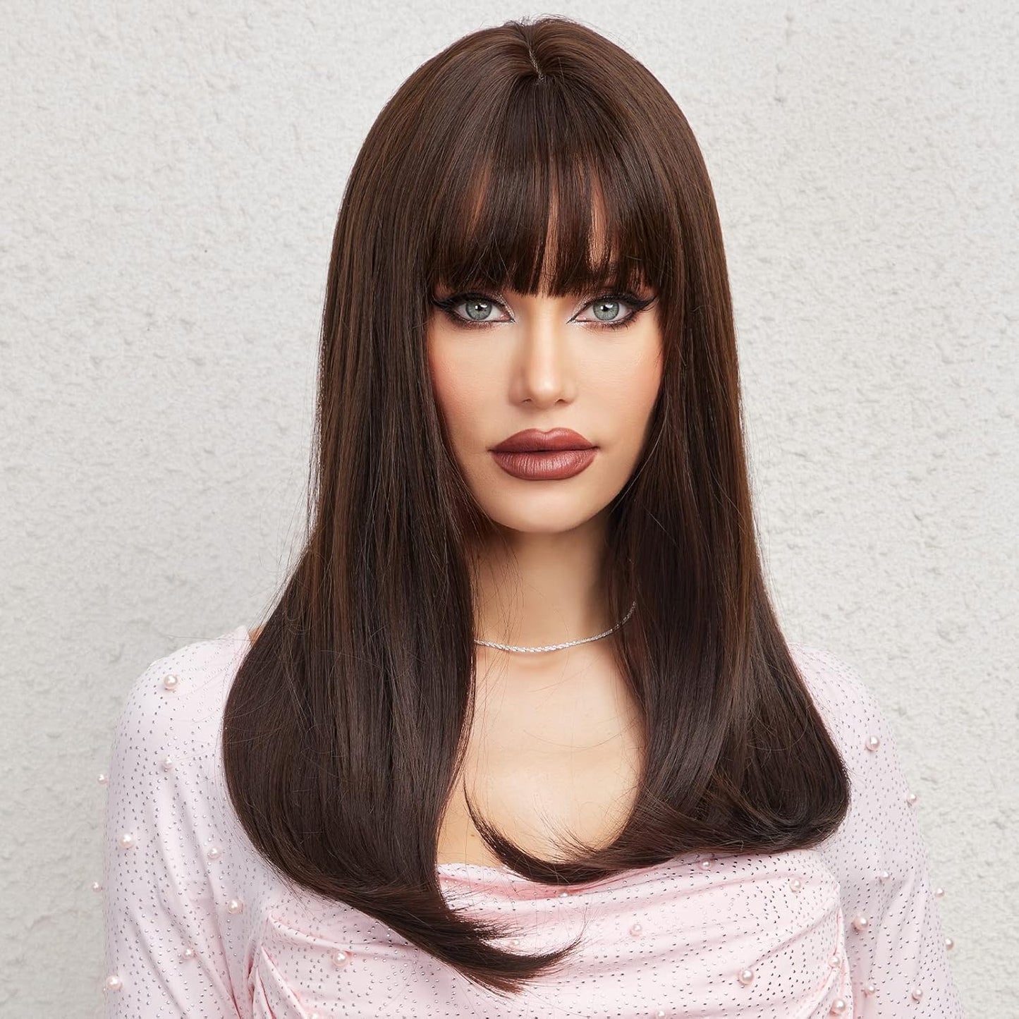 Artifice 18 inches Long Full Head Hair Wig with Beautiful Bangs and Breathable Net Dark Brown