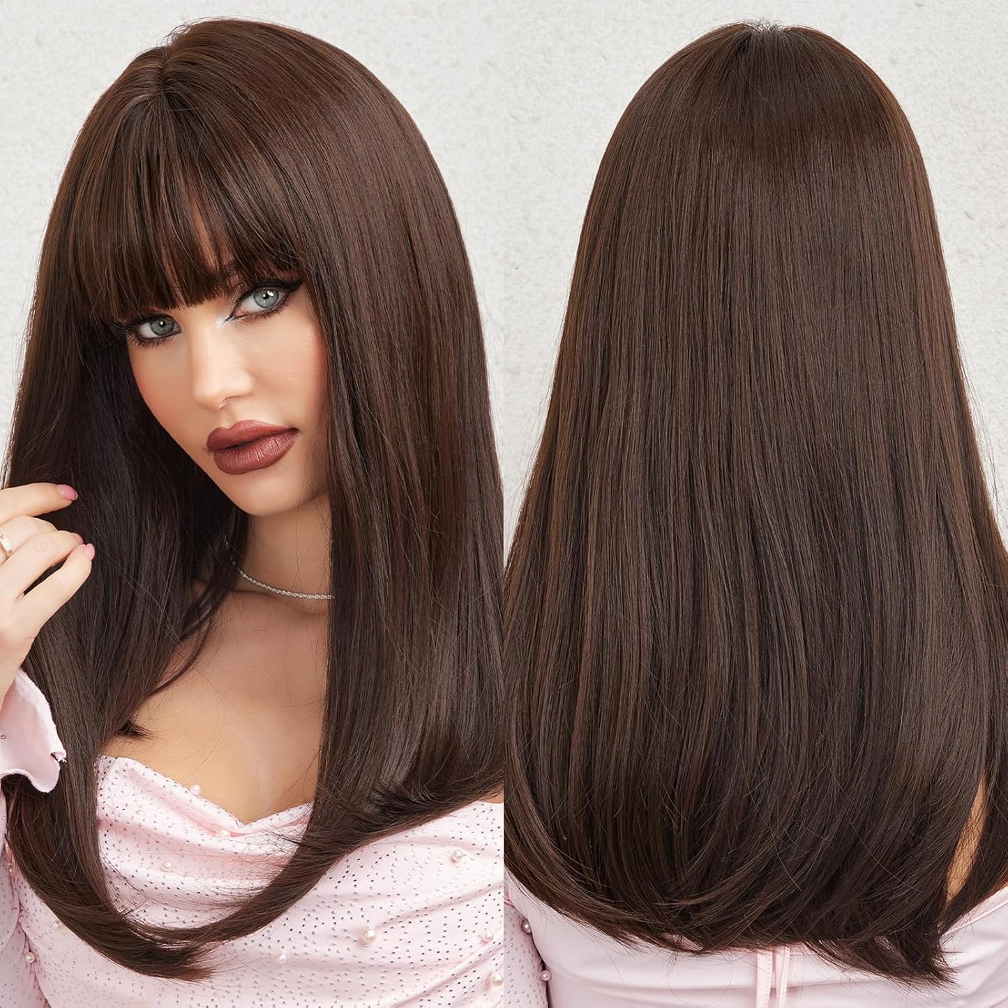 Artifice 18 inches Long Full Head Hair Wig with Beautiful Bangs and Breathable Net Dark Brown